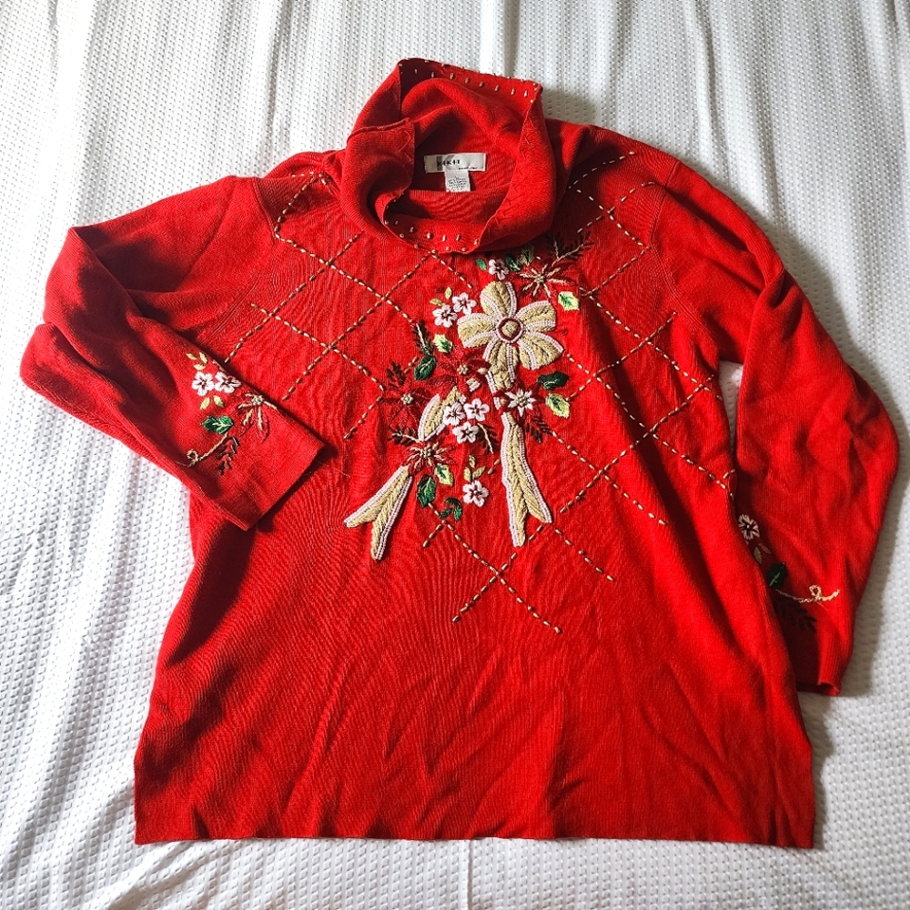 VINTAGE 1980's Hand-Embroidered Christmas Sweater Maurice Sasson MockNeck